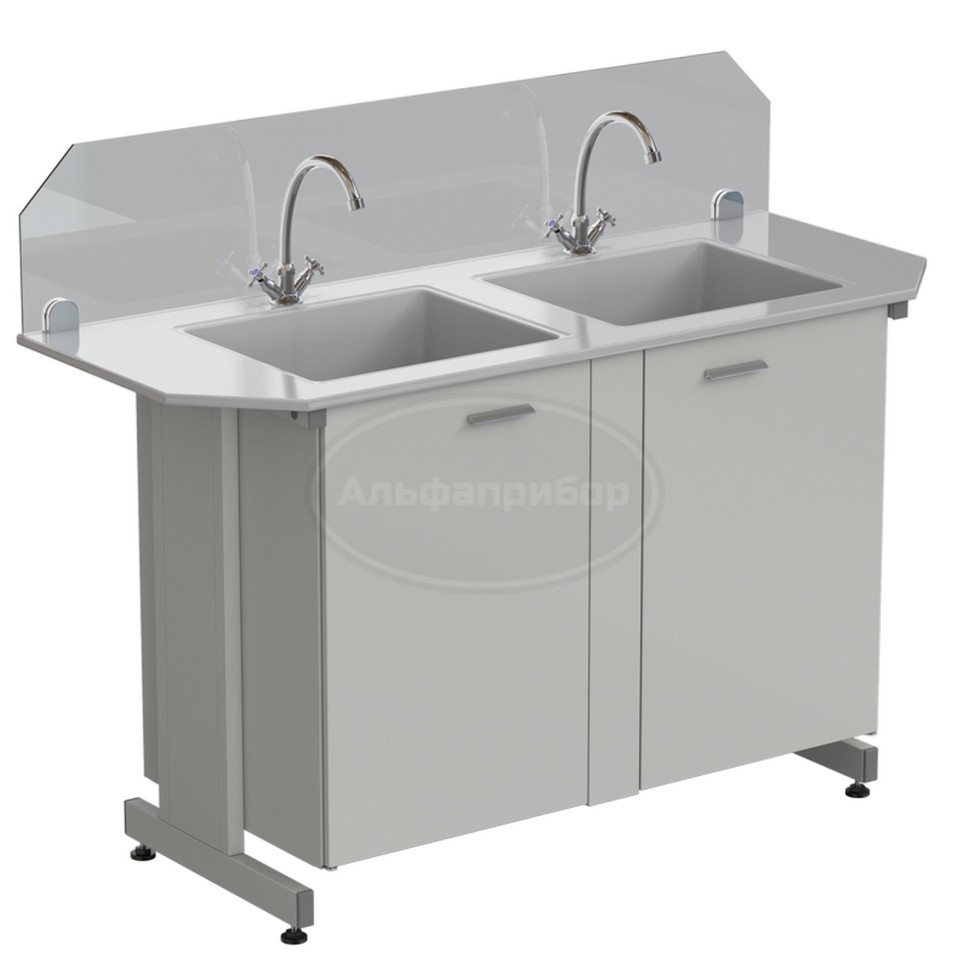 Мойка двойная торцевая 1500х600х1220 мм (защитное стекло, глубина раковины 280 мм, 2 крана), раб. поверхность - стеклопластик