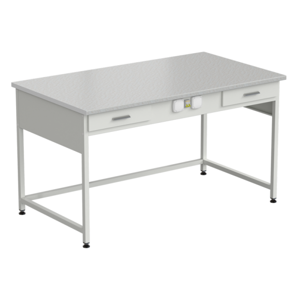 Стол приборный с 2 ящиками и электрикой (усиленный) 1500x850x850 мм, раб. поверхность - белый ламинат