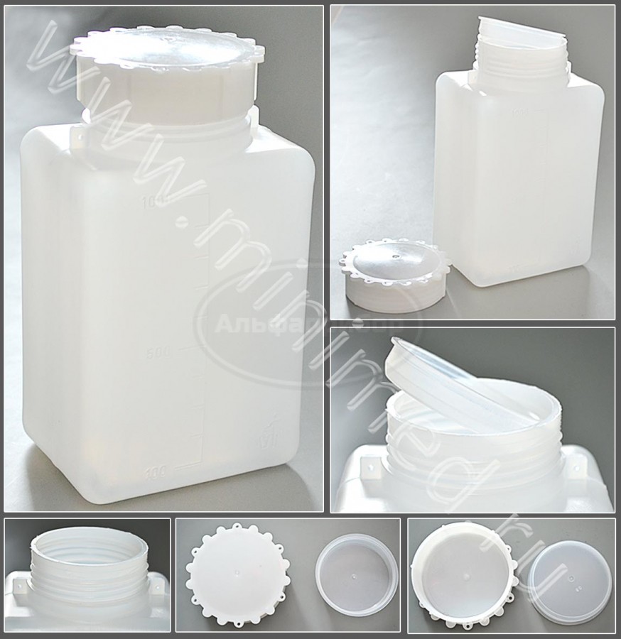 Емкость для общелабораторного применения (бутылка квадратная) 1000мл, с делениями ПЭВП, Aptaca, упаковка 1/20/80шт