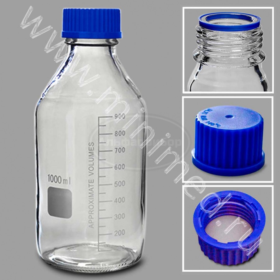 Банка лабораторная стеклянная 1 л, с делениями с навинчивающейся крышкой, светлое стекло, кор. 20,30шт