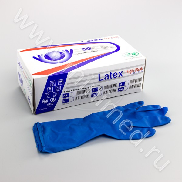 Перчатки HIGH RISK латексные смотровые диагностические нестерильные, р-р S (SFM, Германия), упаковка 25/250 пар