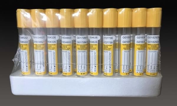 Пробирка вакуумная APEXLAB (пластик) с активатором свертывания и гелем, желтая пробка, 8мл (16*100), с 2-м отрывным кодом (100 шт.)