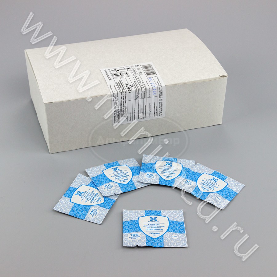 Салфетка антисептическая из бумажного текстилеподобного материала, стерильная "М.К.Асептика", спиртовая (70% этиловый спирт), 135*185мм