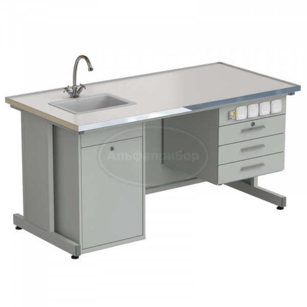Стол лаборанта с подвесной тумбой, электрикой, водой (мойка слева) 1515x750x760 мм, раб. поверхность - Labgrade-лайт