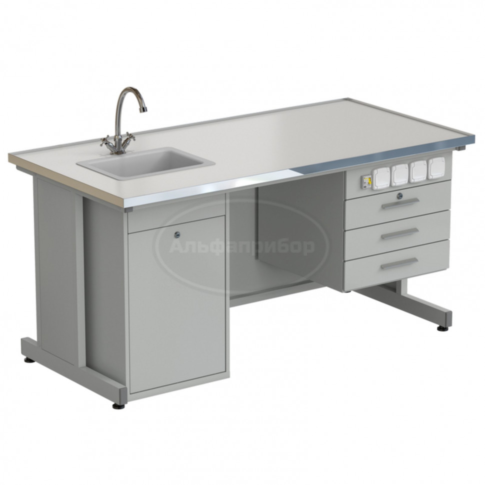 Стол лаборанта с подвесной тумбой, электрикой, водой (мойка слева) 1515x750x760 мм, раб. поверхность - Labgrade-лайт