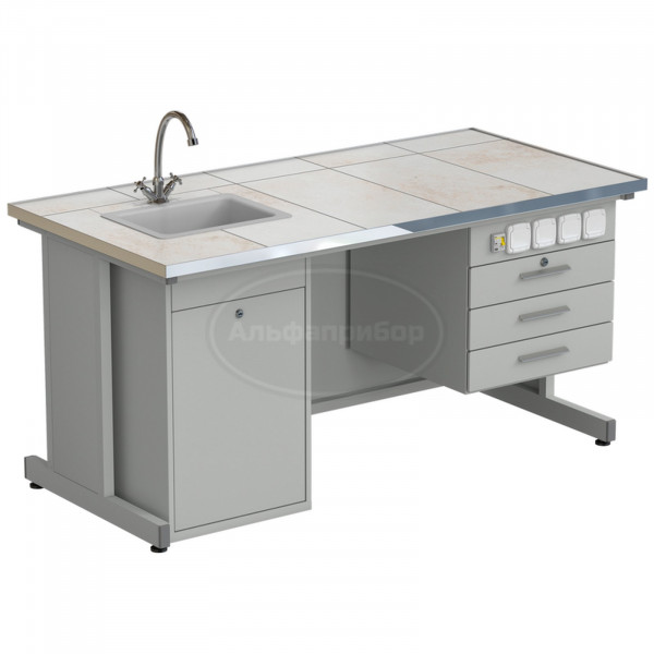 Стол лаборанта с подвесной тумбой, электрикой, водой (мойка слева) 1515х750х760 мм, раб. поверхность - керамика
