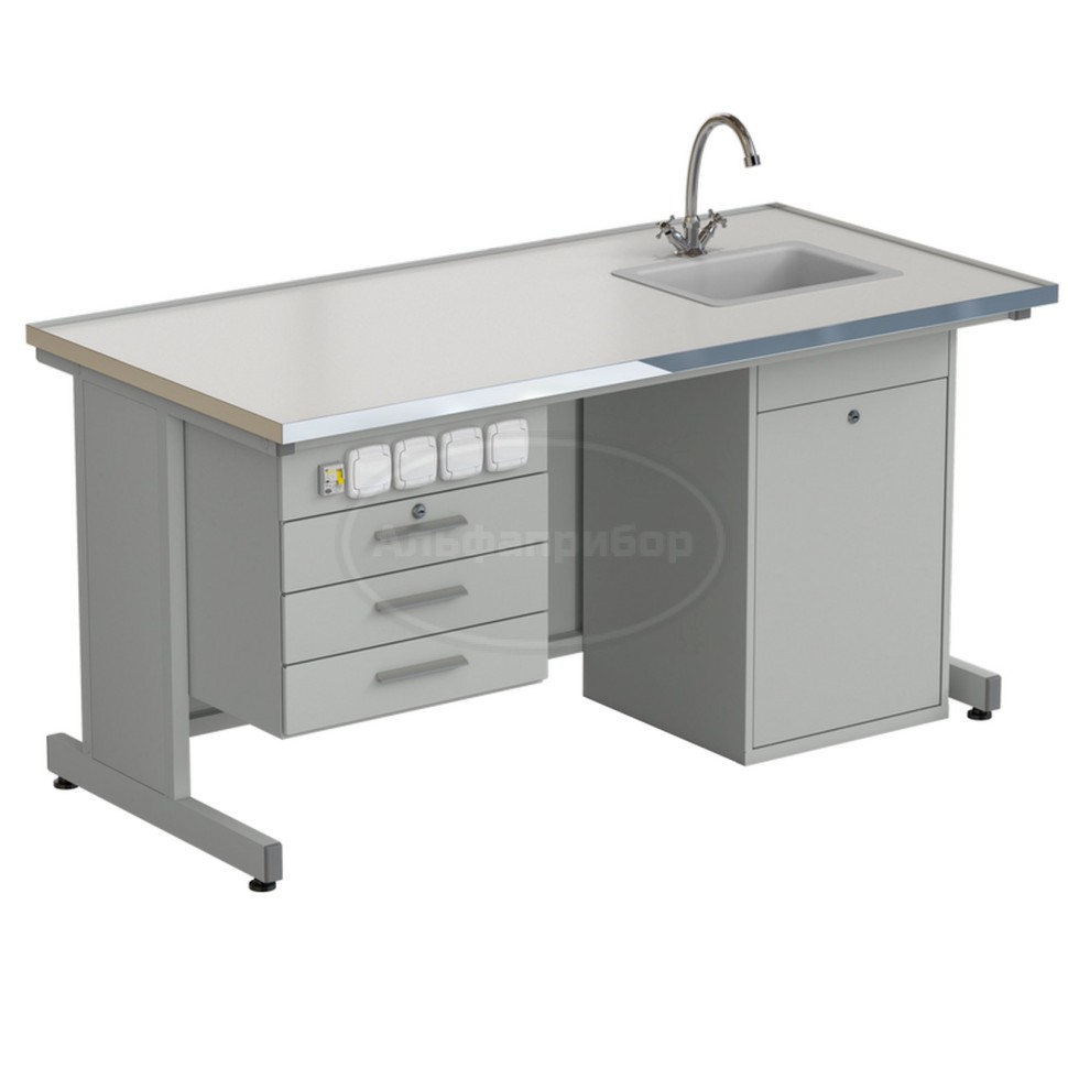 Стол лаборанта с подвесной тумбой, электрикой, водой (мойка справа) 1515х750х760 мм, раб. поверхность - Labgrade-лайт