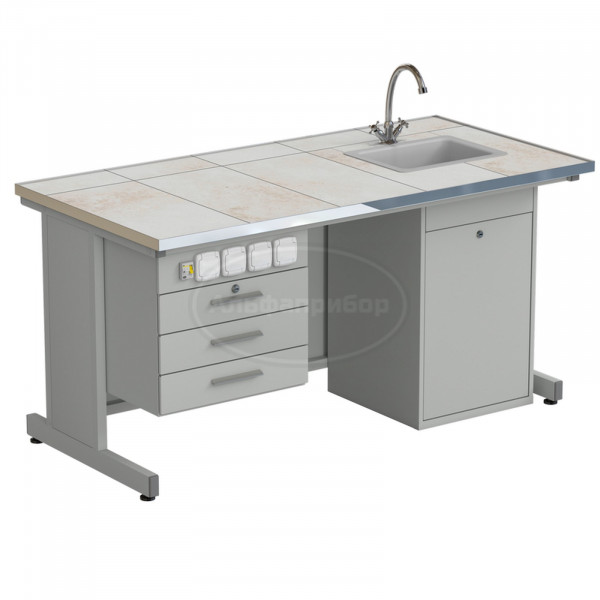 Стол лаборанта с подвесной тумбой, электрикой, водой (мойка справа) 1515х750х760 мм, раб. поверхность - керамика