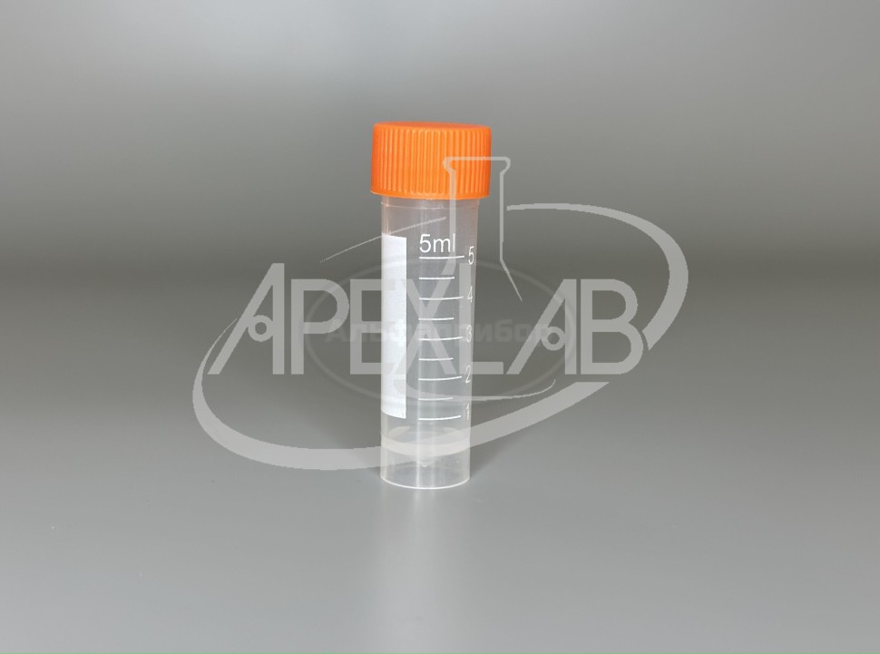 Криопробирка 5 мл ПП с юбкой устойчивости, полем д/записи, завинчивающаяся крышка с силиконовым уплотнительным кольцом, градуированная от 1 до 5 мл (шаг 0,5 мл) (200 шт.)