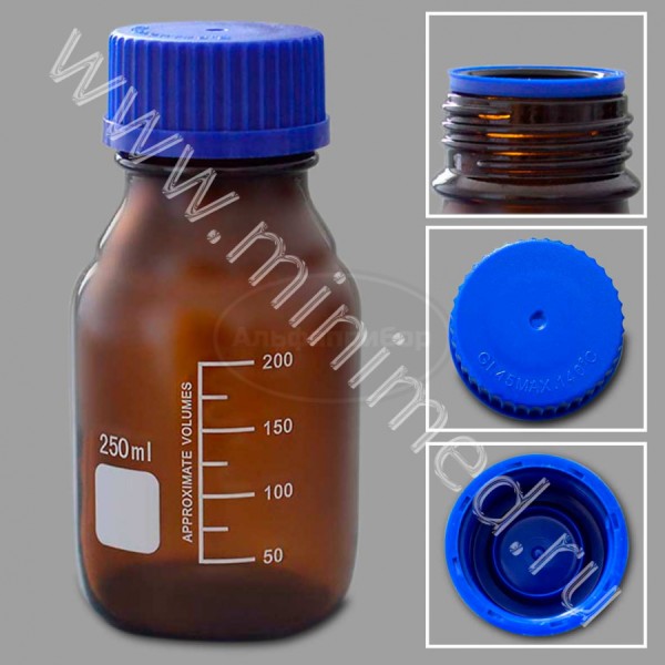 Банка лабораторная стеклянная 250мл, с делениями с навинчивающейся крышкой, темное стекло, упаковка 35 /70шт