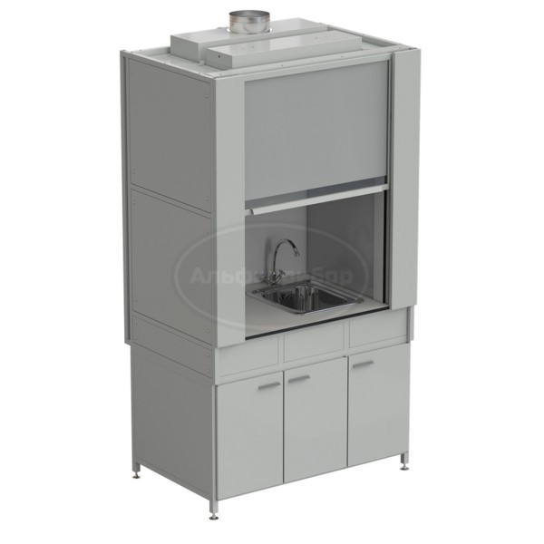 Шкаф вытяжной с коконом из стеклопластика с мойкой из НС и смесителем с ВЗБ светильником 1200х820х2240 мм, раб. поверхность - Labgrade