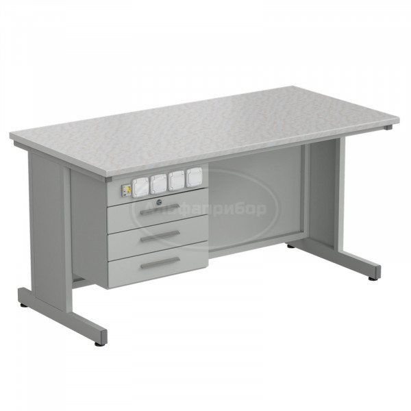 Стол преподавателя с подвесной тумбой и электрикой 1500х750х760 мм, раб. поверхность - белый ламинат