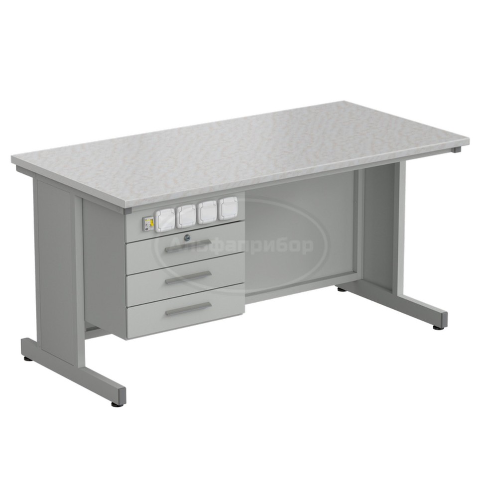 Стол преподавателя с подвесной тумбой и электрикой 1500х750х760 мм, раб. поверхность - белый ламинат