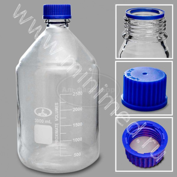 Банка лабораторная стеклянная 3 л, с делениями с навинчивающейся крышкой., светлое стекло, упаковка 12шт