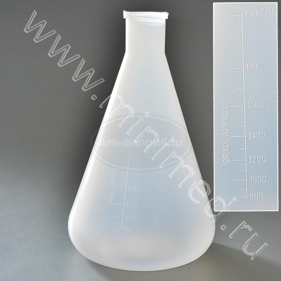 Колба коническая 2000мл, горловина 34/35, с делениями без пробки, п/п, Kartell, упаковка 1/4шт