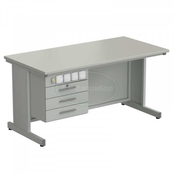 Стол преподавателя с подвесной тумбой и электрикой 1500х750х760 мм, раб. поверхность - серый ламинат