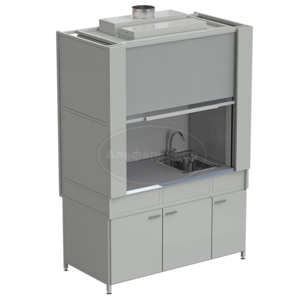 Шкаф вытяжной с коконом из стеклопластика с мойкой из НС и смесителем с ВЗБ светильником 1500х820х2240 мм, раб. поверхность - монолитный керамогранит