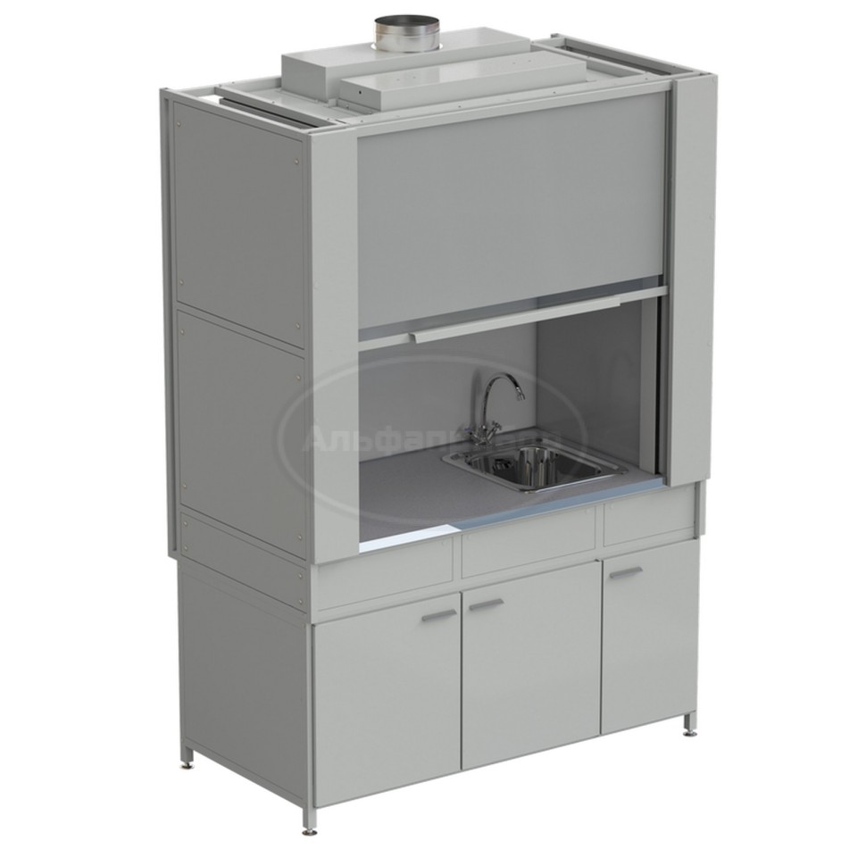 Шкаф вытяжной с коконом из стеклопластика с мойкой из НС и смесителем с ВЗБ светильником 1500х820х2240 мм, раб. поверхность - монолитный керамогранит