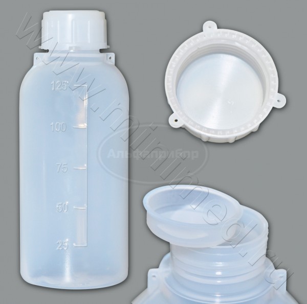 Бутылка градуированная 125мл, с узким горлом, с крышкой, п/эт, LAMAPLAST, упаковка 10шт