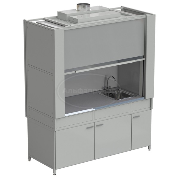 Шкаф вытяжной с коконом из стеклопластика с мойкой из НС и смесителем с ВЗБ светильником 1800х820х2240 мм, раб. поверхность - монолитный керамогранит