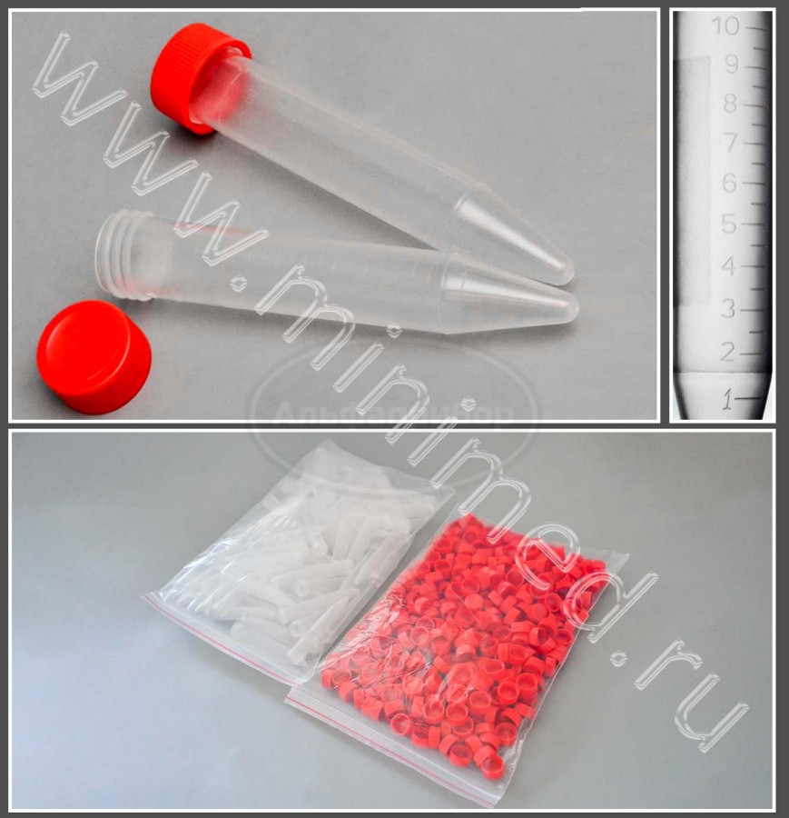 Пробирка полимерная коническая мерная с крышкой вместимостью 10мл, п/п, нестерильная, упаковка 1500шт, Литопласт