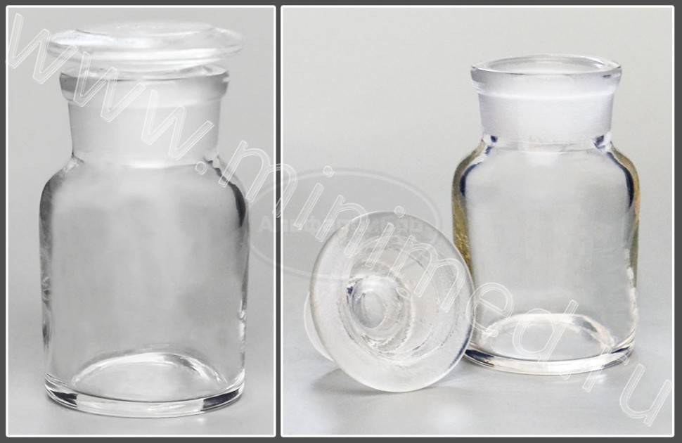 Склянка лабораторная 30мл из светлого стекла с широкой горловиной и притертой пробкой, упаковка 12/144шт