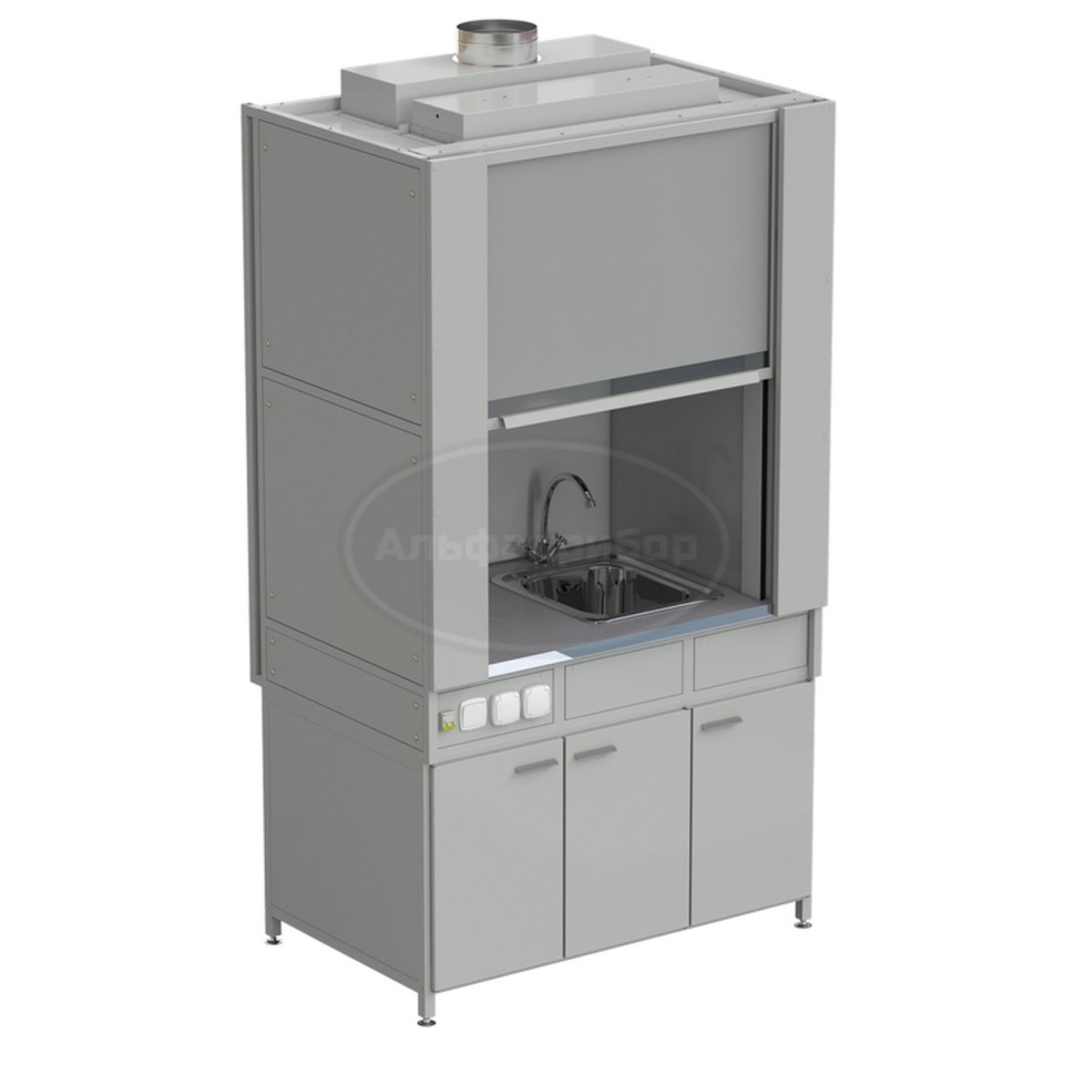 Шкаф вытяжной с коконом из стеклопластика с мойкой из НС и смесителем с электрикой 1200х820х2240 мм, раб. поверхность - монолитный керамогранит