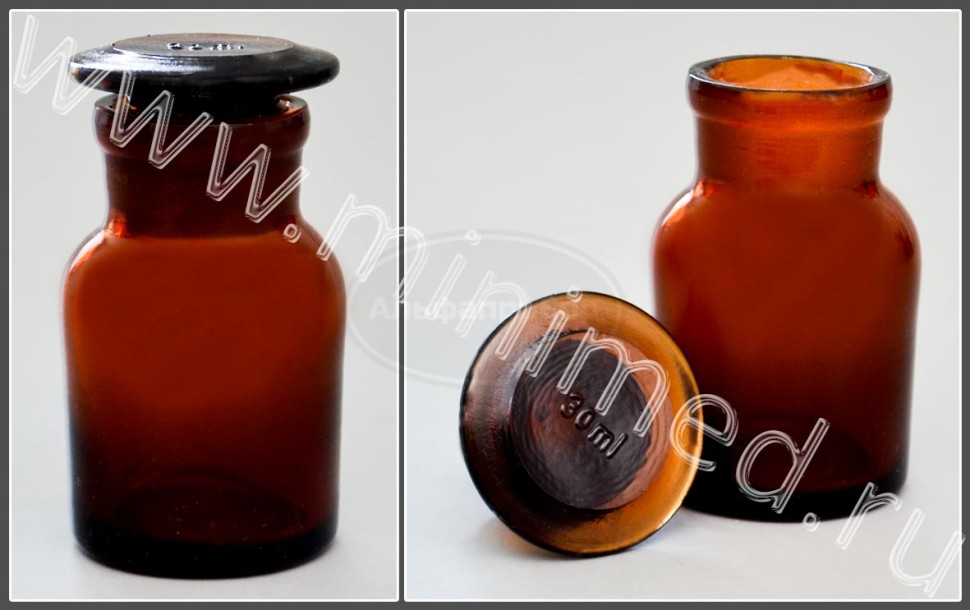 Склянка лабораторная 30мл из темного стекла с широкой горловиной и притертой пробкой, упаковка 12/ кор.144шт