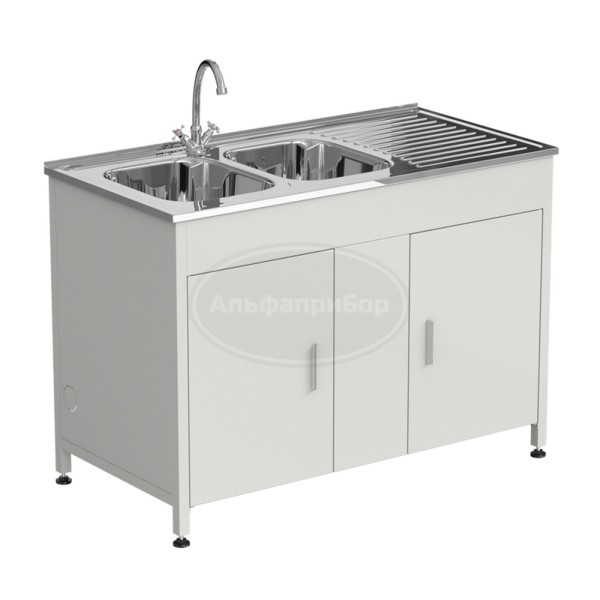 Стол-мойка 1200x600x850 мм, с двумя раковинами слева и одним смесителем, материал раковины - нержавеющая сталь