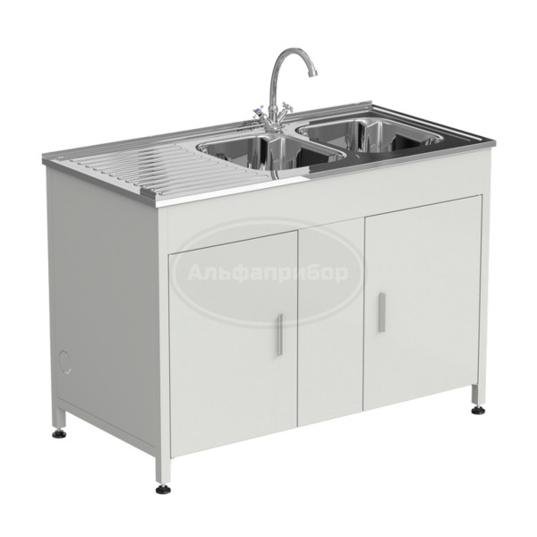 Стол-мойка 1200x600x850 мм, с двумя раковинами справа и одним смесителем, материал раковины - нержавеющая сталь