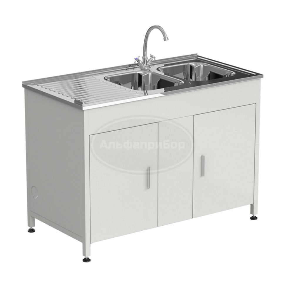 Стол-мойка 1200x600x850 мм, с двумя раковинами справа и одним смесителем, материал раковины - нержавеющая сталь