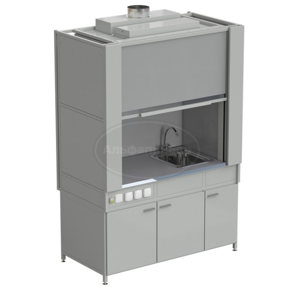 Шкаф вытяжной с коконом из стеклопластика с мойкой из НС и смесителем с электрикой 1500х820х2240 мм, раб. поверхность - монолитный керамогранит