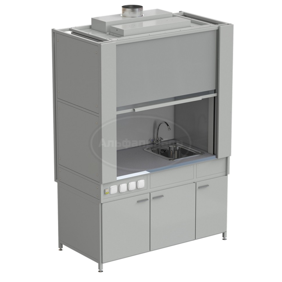 Шкаф вытяжной с коконом из стеклопластика с мойкой из НС и смесителем с электрикой 1500х820х2240 мм, раб. поверхность - монолитный керамогранит