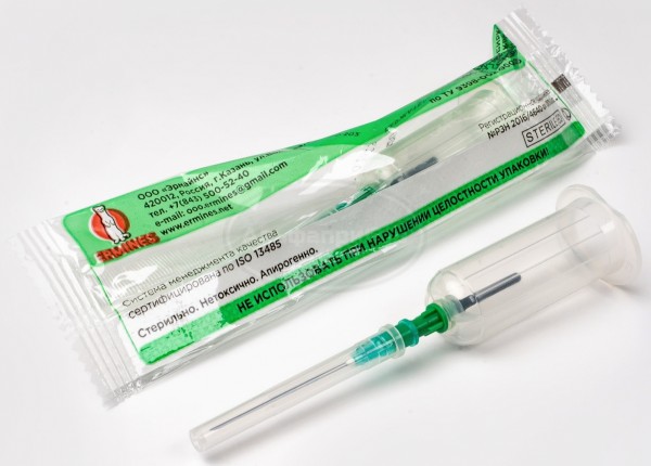 Держатель вакуумной пробирки с иглой для забора крови одноразового применения стерильный, инд.уп/кор.500шт