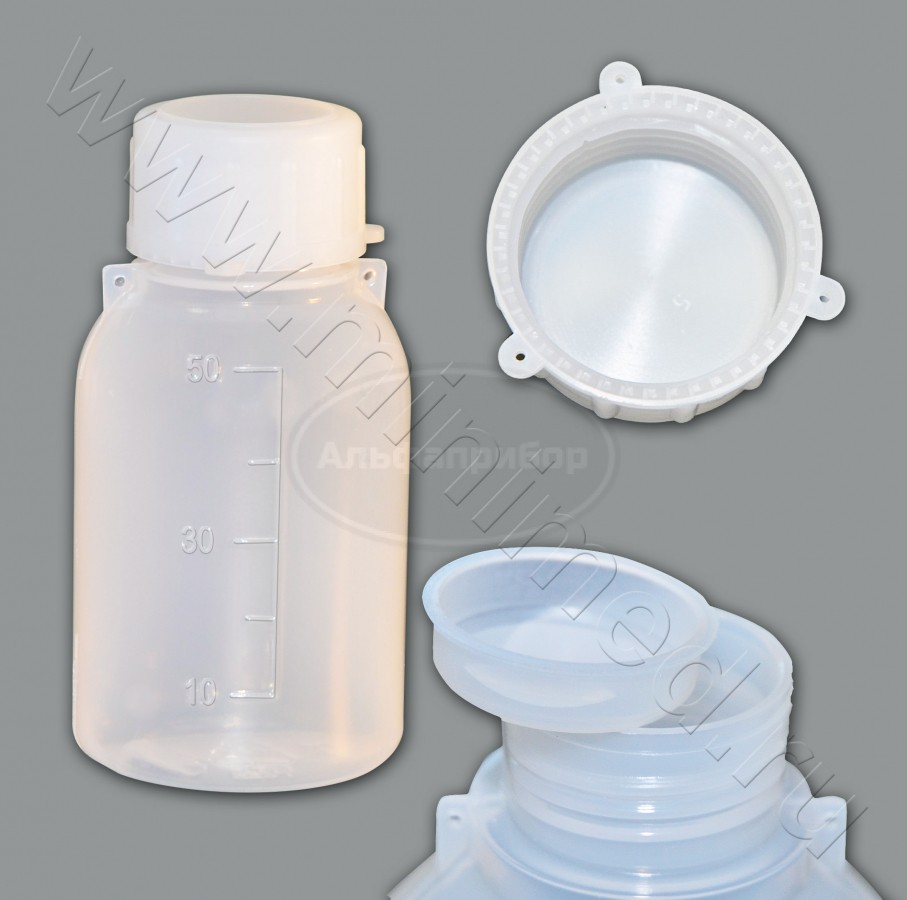 Бутылка градуированная 50мл, с узким горлом, с крышкой, п/эт, LAMAPLAST, упаковка 10шт