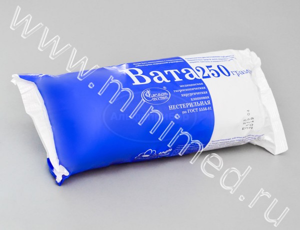 Вата медицинская гигроскопическая хирургическая хлопковая, нестерильная 250 гр. Емельяновская