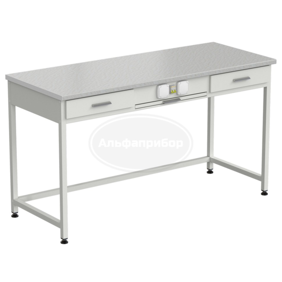 Стол приборный с выдвижным столиком, 2 ящиками и электрикой 1500x600x850 мм, раб. поверхность - белый ламинат