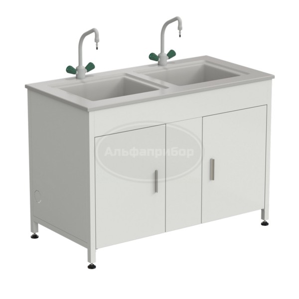 Стол-мойка двойная 1200х600х850 мм, с двумя раковинами и 2 смесителями TOF, материал раковины - Durcon