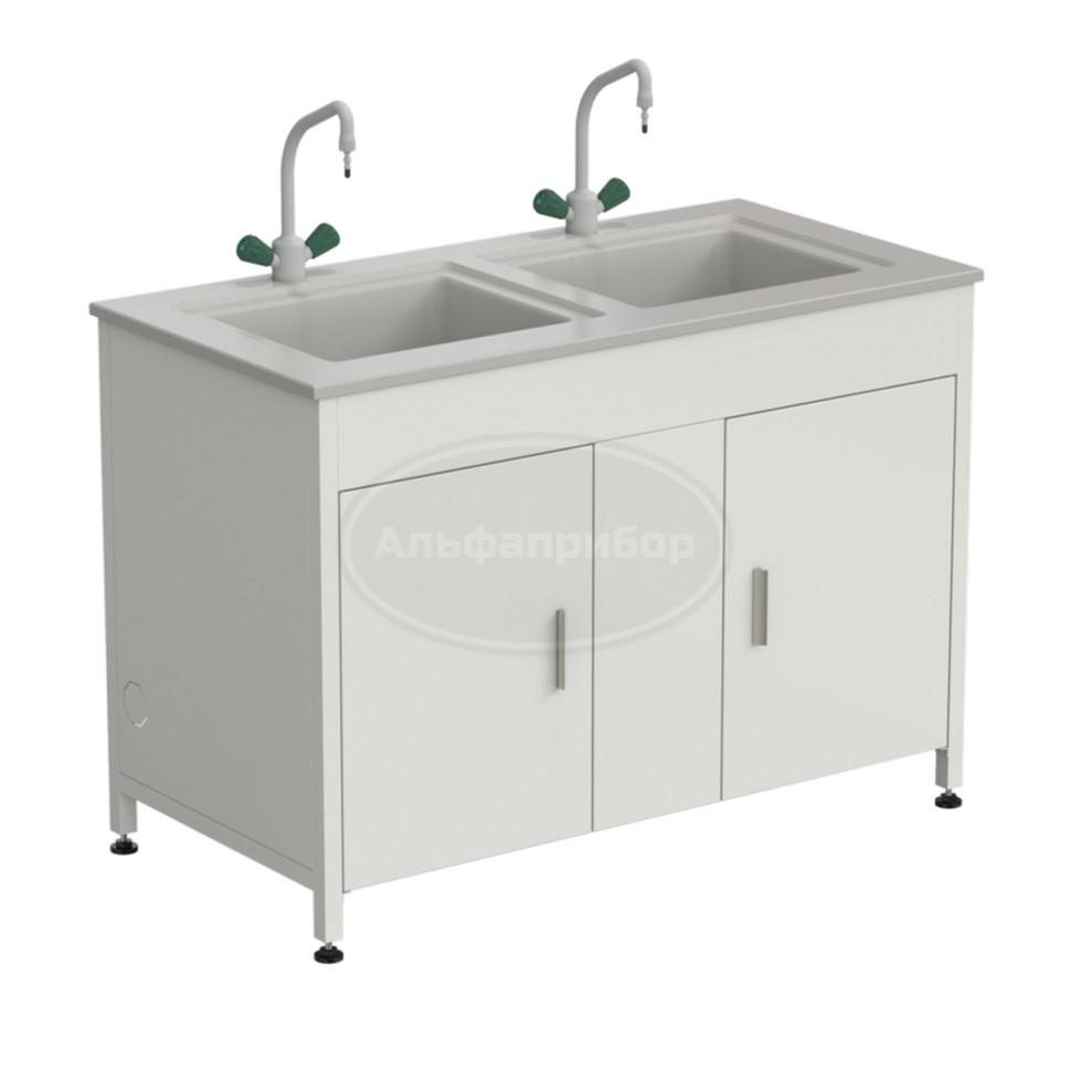 Стол-мойка двойная 1200х600х850 мм, с двумя раковинами и 2 смесителями TOF, материал раковины - Durcon