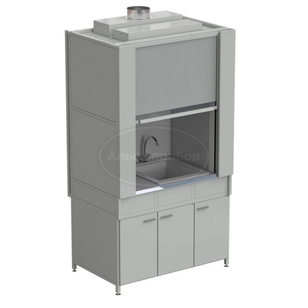 Шкаф вытяжной с коконом из стеклопластика с мойкой из СП и смесителем с ВЗБ светильником 1200х820х2240 мм, раб. поверхность - монолитный керамогранит