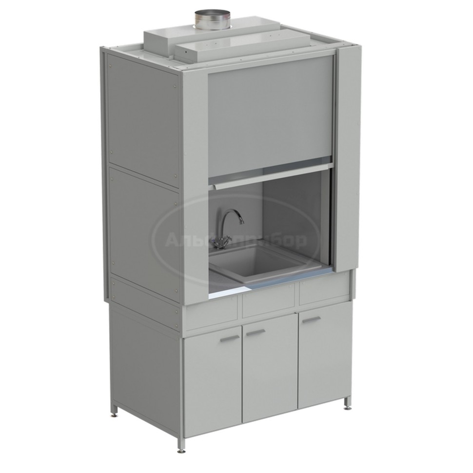 Шкаф вытяжной с коконом из стеклопластика с мойкой из СП и смесителем с ВЗБ светильником 1200х820х2240 мм, раб. поверхность - монолитный керамогранит