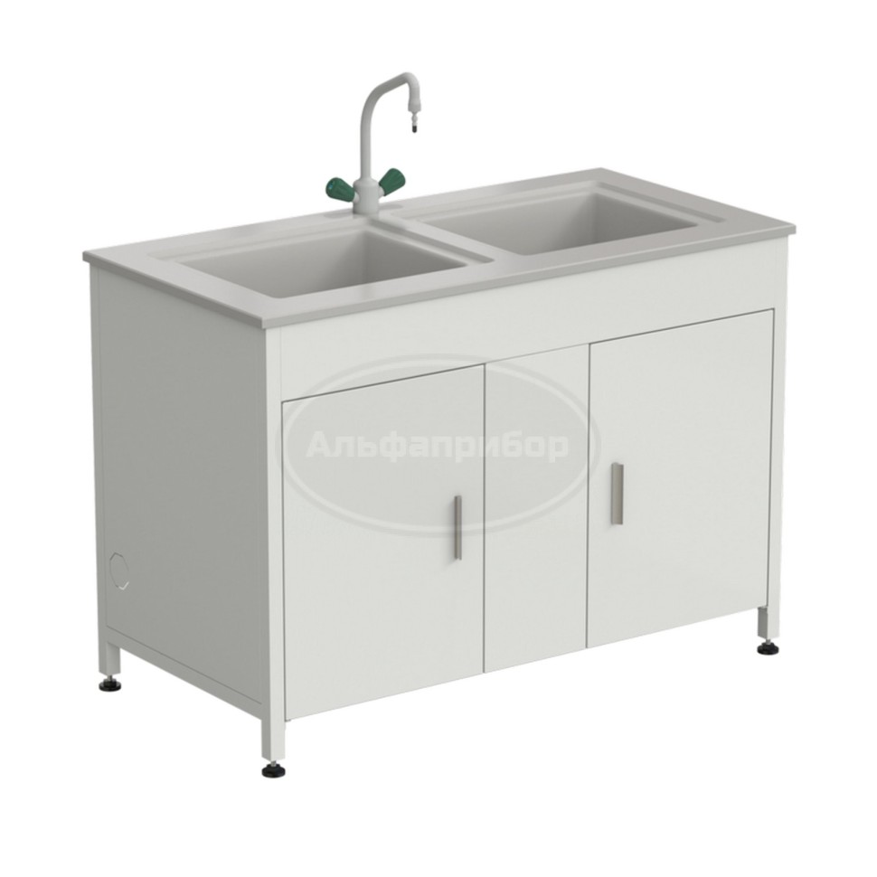 Стол-мойка двойная 1200х600х850 мм, с двумя раковинами и одним смесителем TOF, материал раковины - Durcon