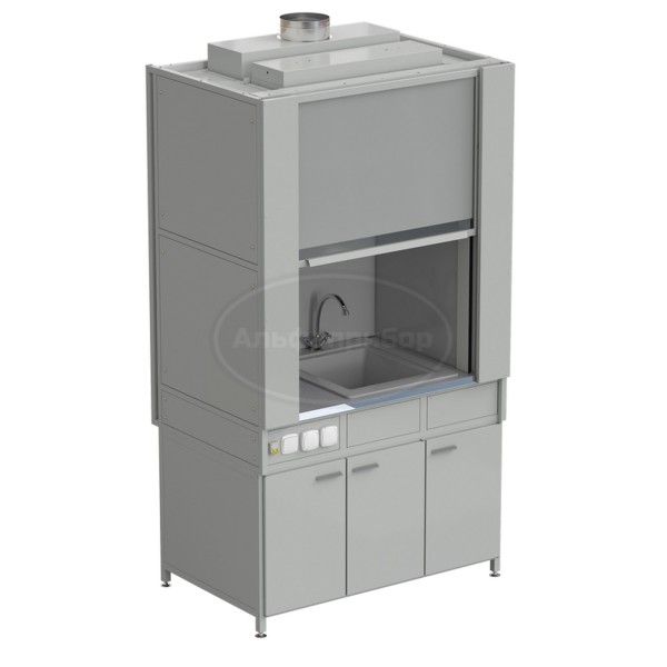 Шкаф вытяжной с коконом из стеклопластика с мойкой из СП и смесителем с электрикой 1200х820х2240 мм, раб. поверхость - монолитный керамогранит