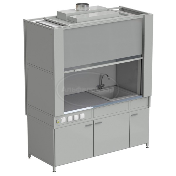 Шкаф вытяжной с коконом из стеклопластика с мойкой из СП и смесителем с электрикой 1800х820х2240 мм, раб. поверхность - монолитный керамогранит