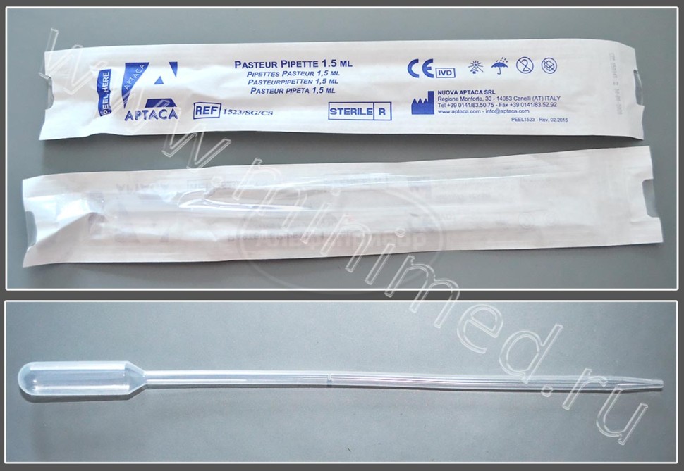 Пипетка для дозирования биологических жидкостей (Пастера) 1,5мл стерильная, 230 мм, индивидуальная упаковка .,/кор.1000шт, Aptaca
