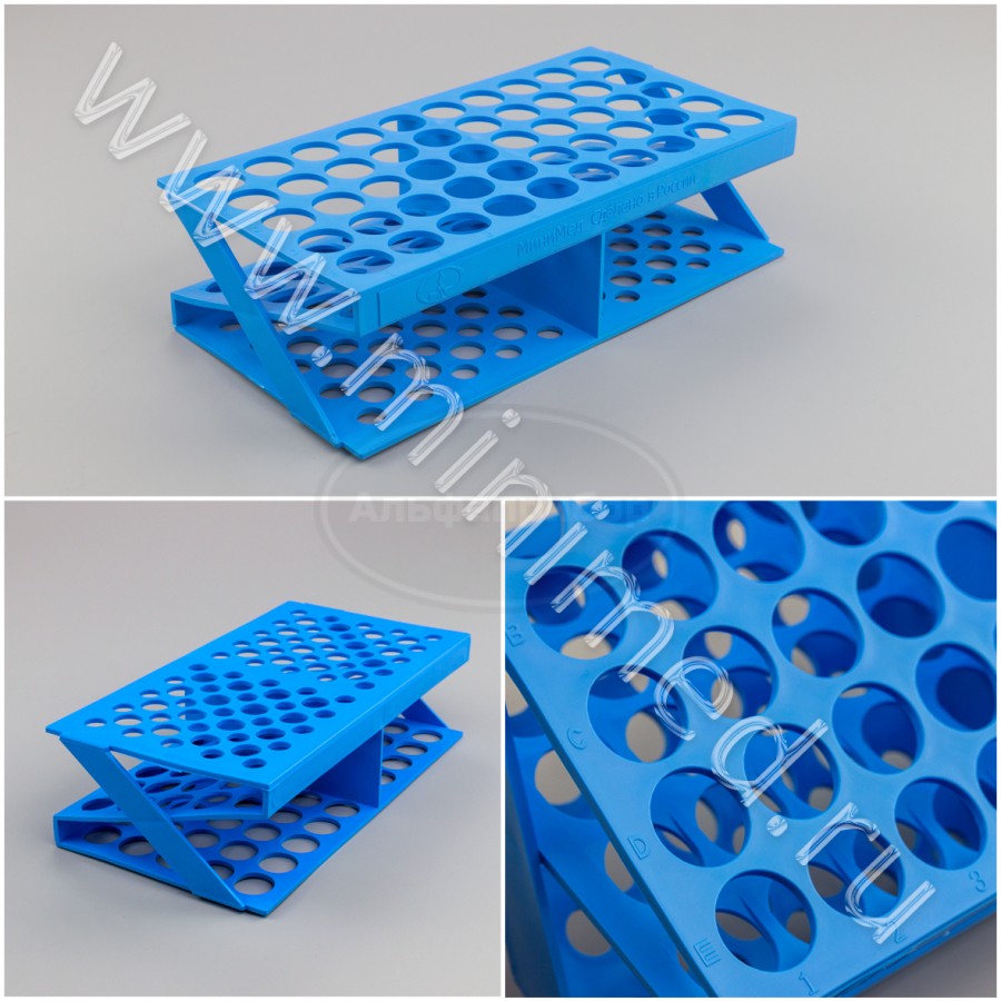 Штатив медицинский полимерный по ТУ 9464-017-29508133-2014, для пробирок ШПА-50, Z-образный на 50 гнезд, диам.18мм, ГОЛУБОЙ, п/п, упаковка 15шт, МиниМед