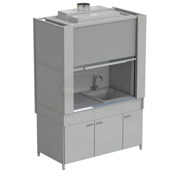 Шкаф вытяжной с коконом из стеклопластика с мойкой из СП и смесителем, с ВЗБ светильником 1500х820х2240 мм, раб. поверхность - монолитный керамогранит