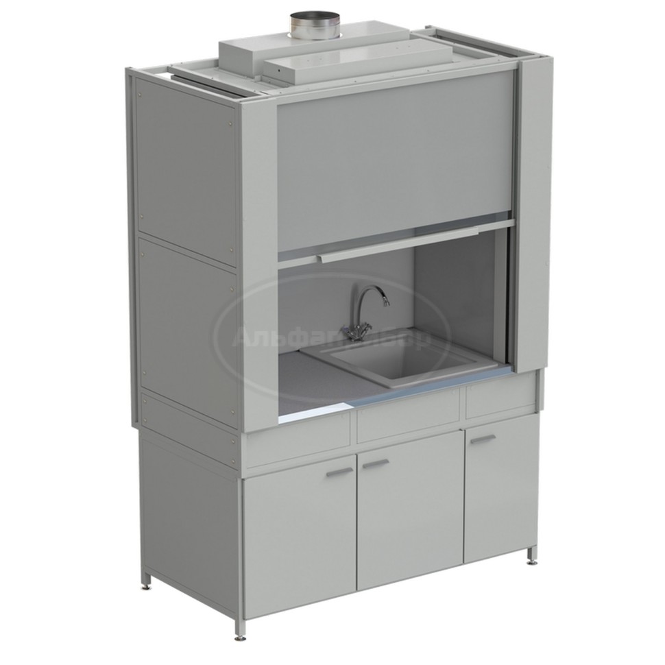 Шкаф вытяжной с коконом из стеклопластика с мойкой из СП и смесителем, с ВЗБ светильником 1500х820х2240 мм, раб. поверхность - монолитный керамогранит