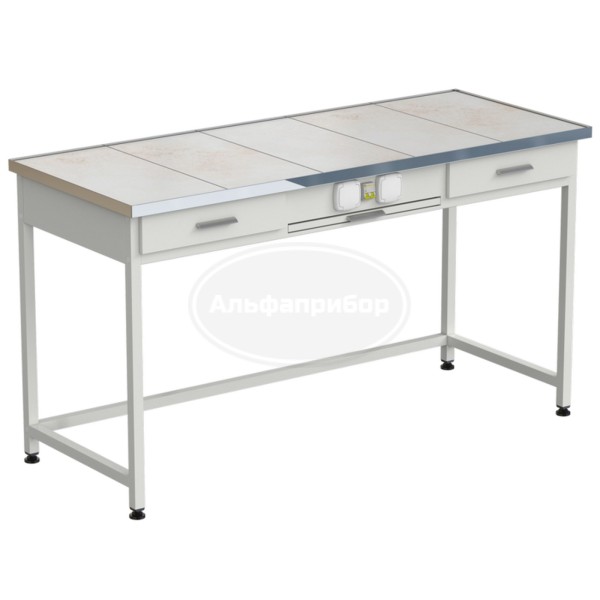Стол приборный с выдвижным столиком, 2 ящиками и электрикой 1515x610x850 мм, раб. поверхность - керамика