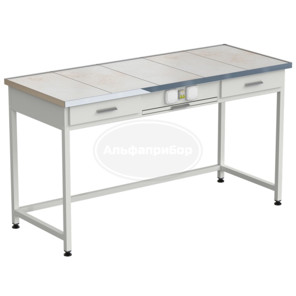 Стол приборный с выдвижным столиком, 2 ящиками и электрикой 1515x610x850 мм, раб. поверхность - керамика